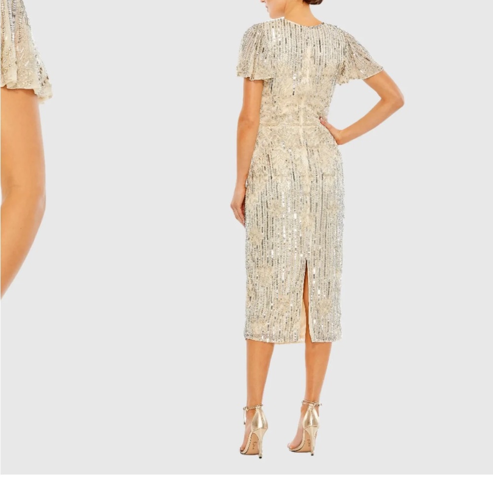 New Mac Duggal Beige & Silver embellished flutter sleeve high neck dress size 10 - Picture 4 of 11